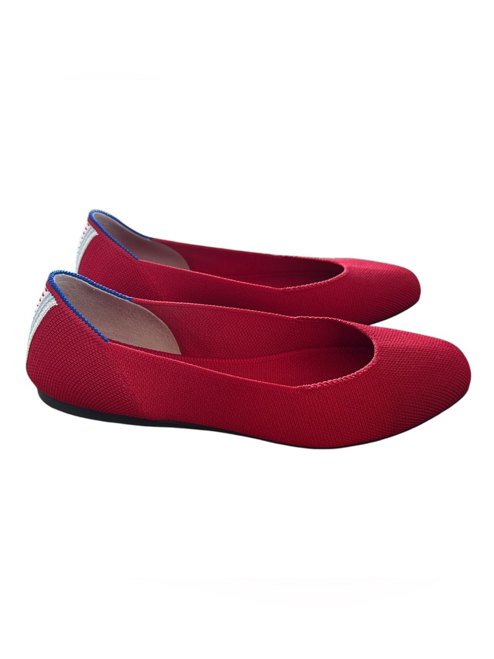 Rothy's women’s Red Knit Ballet Flats with Blue Heel Trim size 7.5